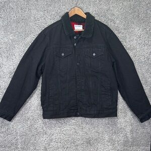 Old Navy Black Denim Sherpa LinedJacket for Men Size Large Collared Trucker Coat